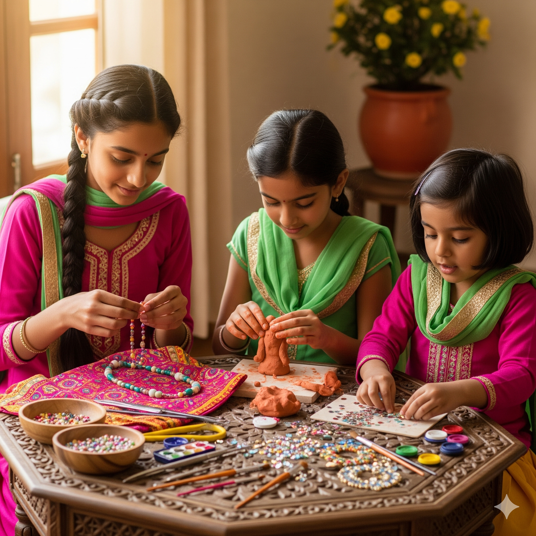 Three sisters crafting jewellery together